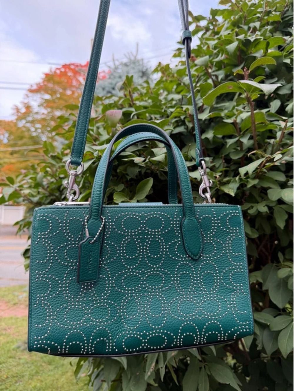Coach Nina Small Tote Signature Rivets Emerald Green Leather NWT CX266